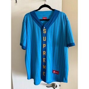 Supreme Vertical Logo Baseball Jersey Blue Striped Pinstripe Mens XL LIKE NEW